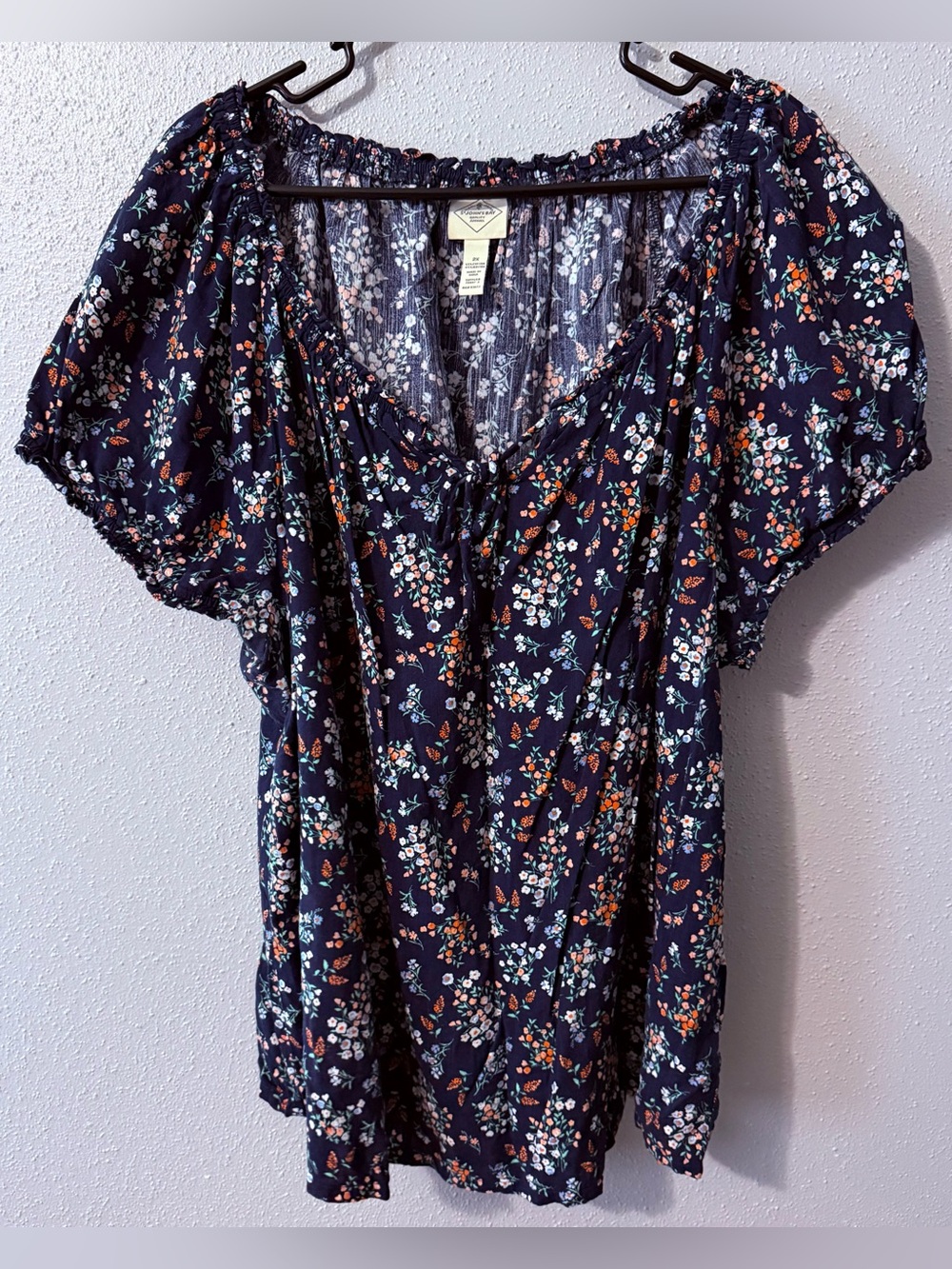 St. John's Bay Navy Floral Tie-Neck Peasant Blouse